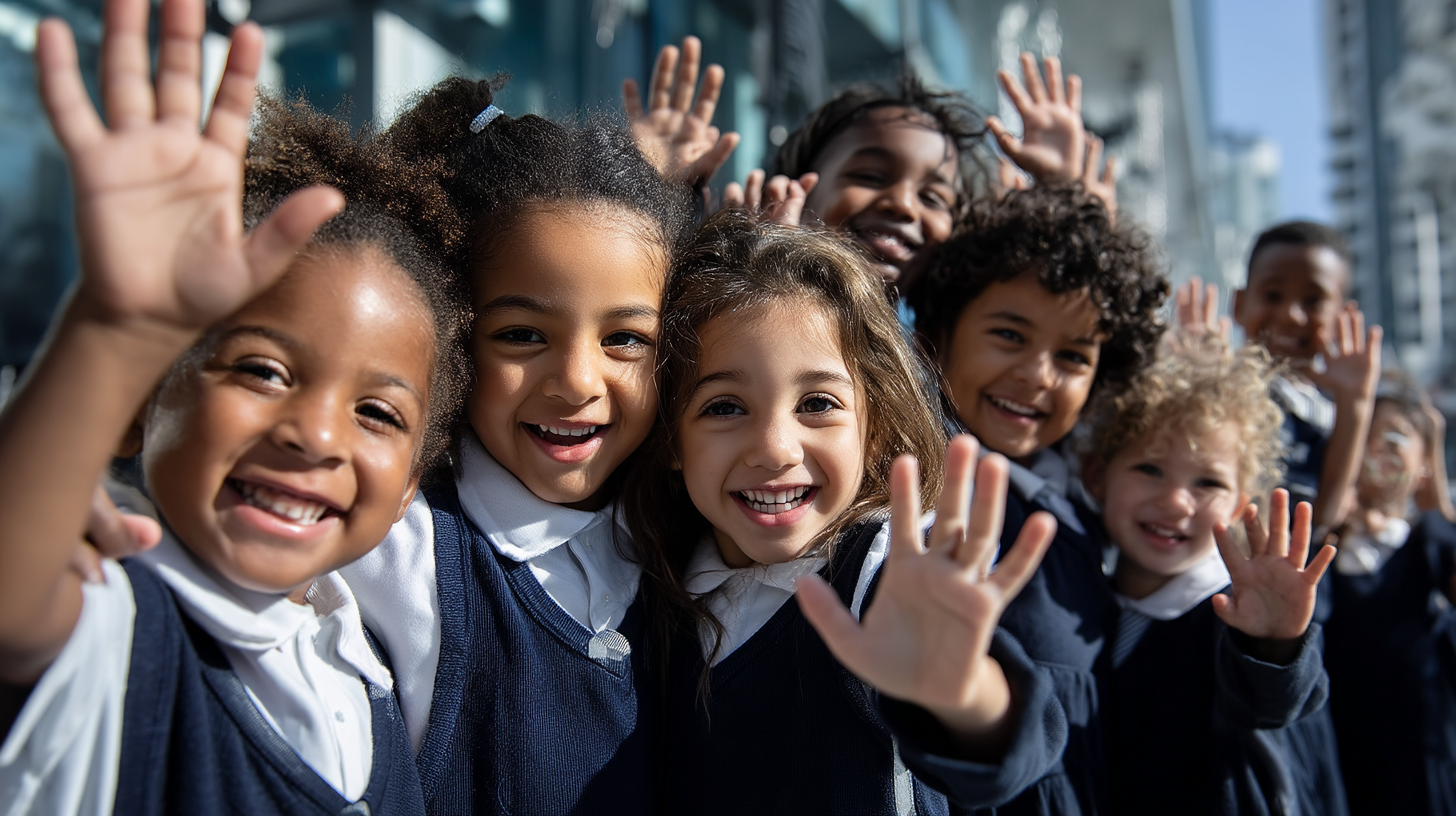 Alumnos en uniforme saludando